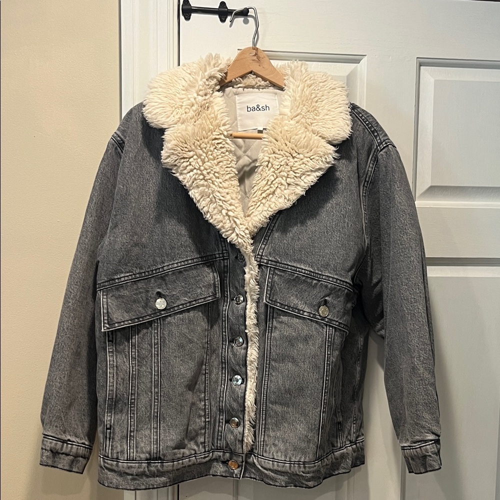 NWT ba&sh Blouson Samy Jean Jacket with Cream Sherpa Collar